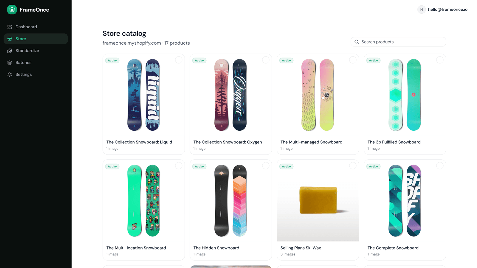 The FrameOnce app showing a connected Shopify store's catalog, ready to import product images for standardizing.